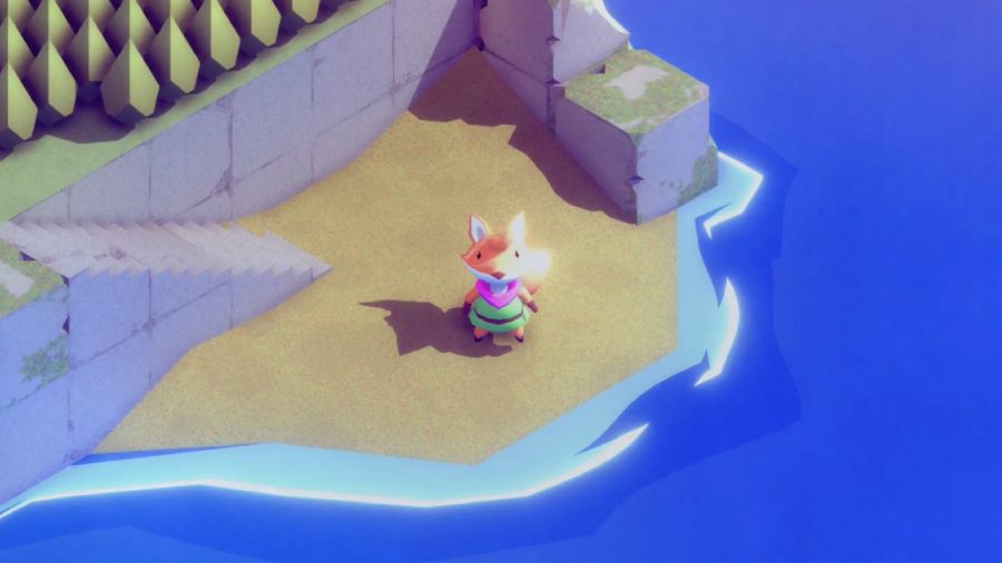 Tunic's adorable fox can be seen standing on the shore looking up at the camera.
