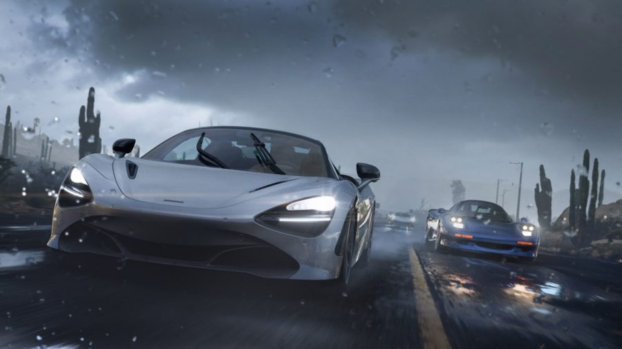 Xbox racing games: a silver supercar races along a road in gloomy weather