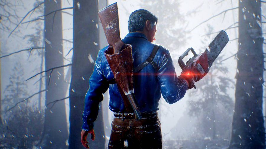 Evil Dead The Game Release Date: Ash Williams standing in a battle ready position in the woods.
