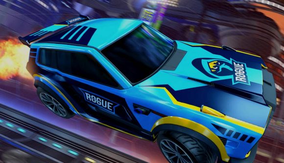 Rocket League Esports Decals: Rogue Home Kit Decal on flying Rocket League car