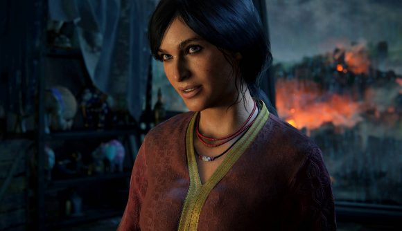 Uncharted Legacy of Thieves Collection Trophies: Chloe Fraser looking inquisitively