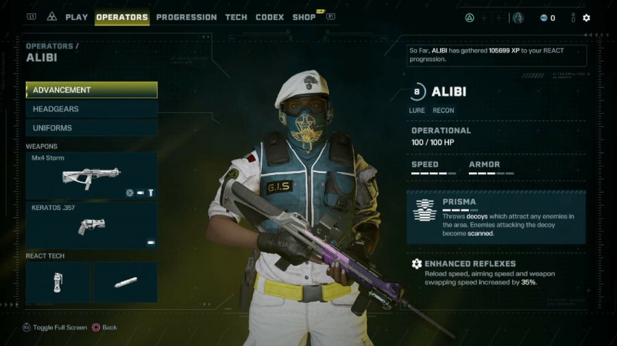 Rainbow Six Extraction Alibi: The in-game loadout menu for Alibi