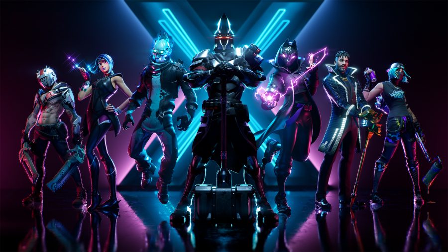 A legjobb Battle Royale Games: Öt Fortnite karakter sorba áll a neon háttérrel