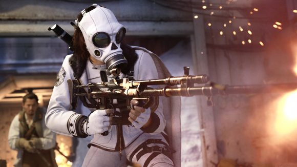 Best Warzone guns: An operator in a white combat suit and gas mask fires a KG M40 assault rifle