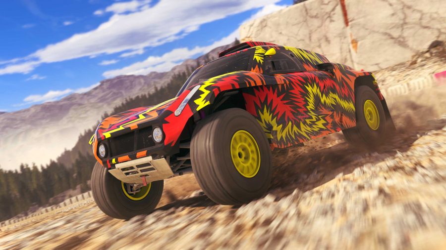 Dirt 5 split-screen: a red and yellow off-road vehicle