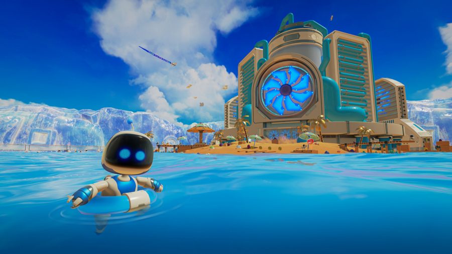 Бесплатные игры для PS5: Астро сидит в озере в игровой комнате Астро