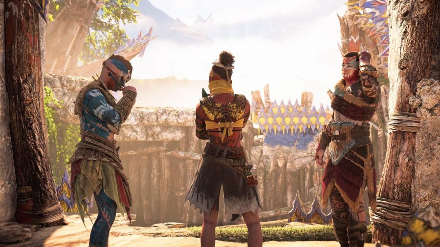 Horizon Forbidden West tribe members stand side by side in an archway. They are all sporting tribal face paint on their faces