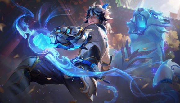 League of Legends splash art of the Porcelain Ezreal skin. Ezreal is wearing a white, blue, and gold outfit and a white tiger towers over him in the background