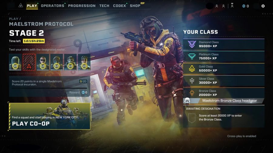 Rainbow Six Extraction Maelstrom Protocol: The Maelstrom Protocol screen can be seen from the Extraction Menu, showing a weekly goal and the six classes.