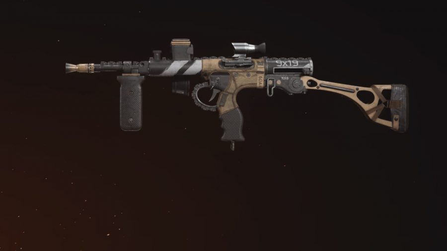 Welgun Warzone Loadout: A Welgun SMG, painted in brown camouflage, set against a black background