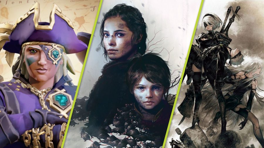 Xbox Game Pass list: A pirate from Sea of Thieves, Amicia and Hugo from A Plague Tale, and 2B, 9S, and A2 from Nier Automata can be seen alongside one another.