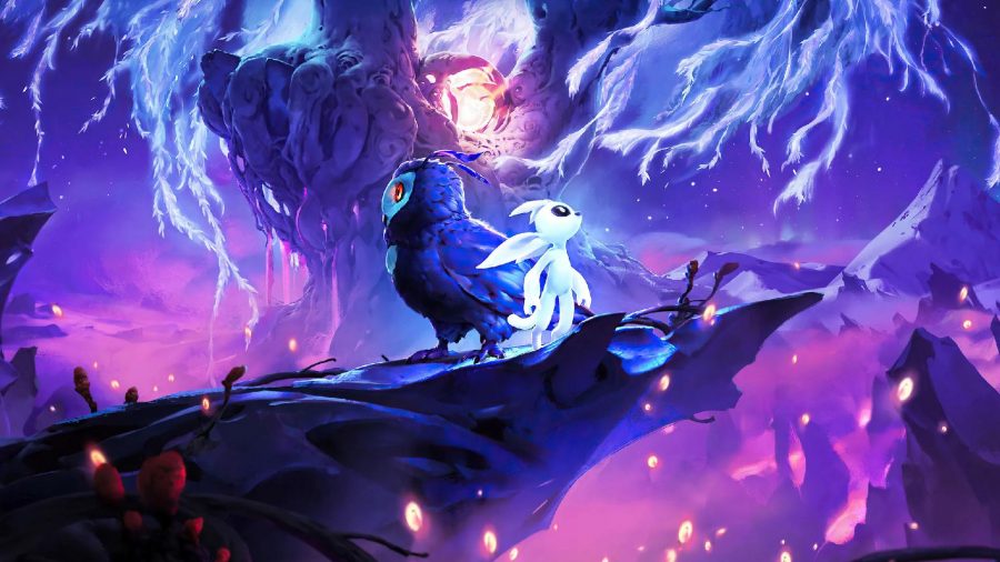Xbox Games With Gold February 2022 free games: Ori and an owl can be seen perching on a branch in a forest.