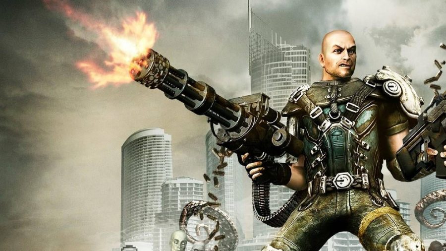 Xbox Games With Gold March 2022 Free Games: A man is firing a machine gun with a dystopic city behind him.