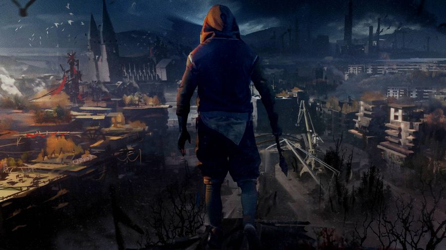 Dying Light 2 Update: A hooded man standing on a roof, overlooking a ruined city