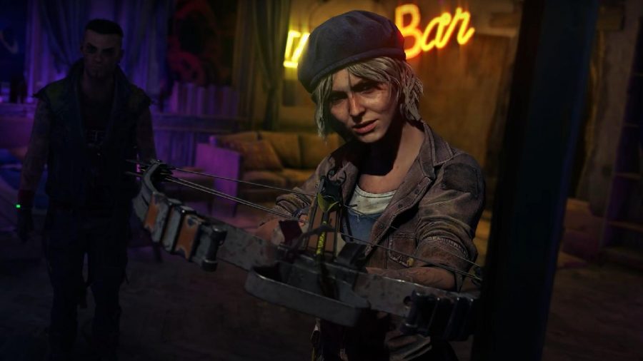 Dying Light 2 Best Crafting Items: Sophie can be seen holding a crossbow at Aiden.