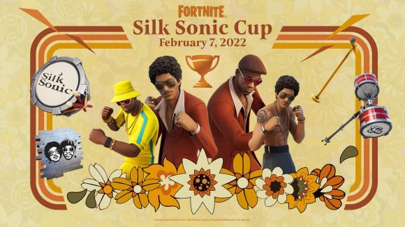 Fortnite Silk Sonic Cup: The Silk Sonic set cosmetics on a poster with information about the Silk Sonic Cup