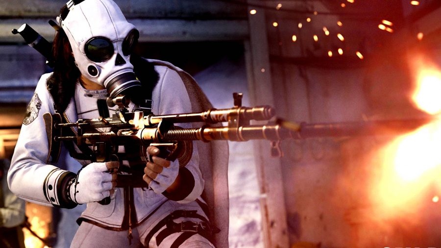 KG M40 Warzone Unlock: A woman in a white gas mask firing the KG M40 assault rifle