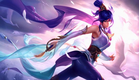 League of Legends Beat The Best Website: Concept Art of a woman wearing purple in pink clouds