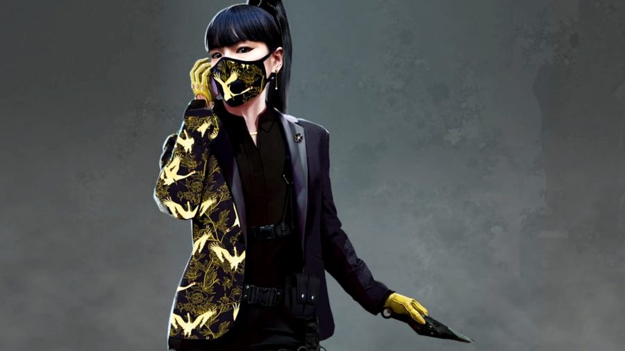 Rainbow Six Siege Demon Veil Azami Concept Art: A Japanese woman wearing a navy suit with gold embroidery