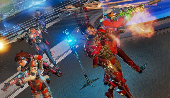 A squad of players in red skins battle around an objective in Apex Legends' Control mode