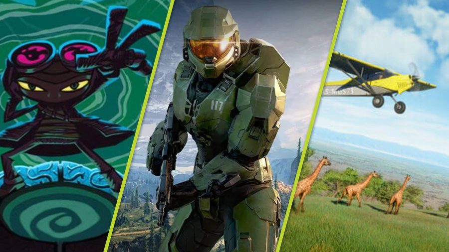 Best Xbox Series X Games: Rax, Masterchief, and a plane from Flight Simulator can be seen standing alongside one another