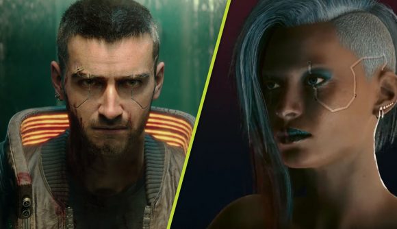 Two close up images of a male and female character in Cyberpunk 2077