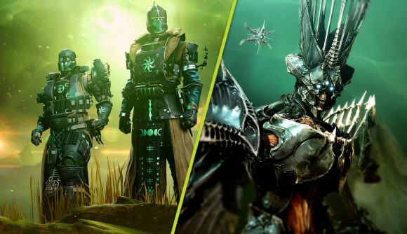 destiny 2 witch queen release time 1: Two images. On the left, two Guardians and on the right, the Witch Queen herself.