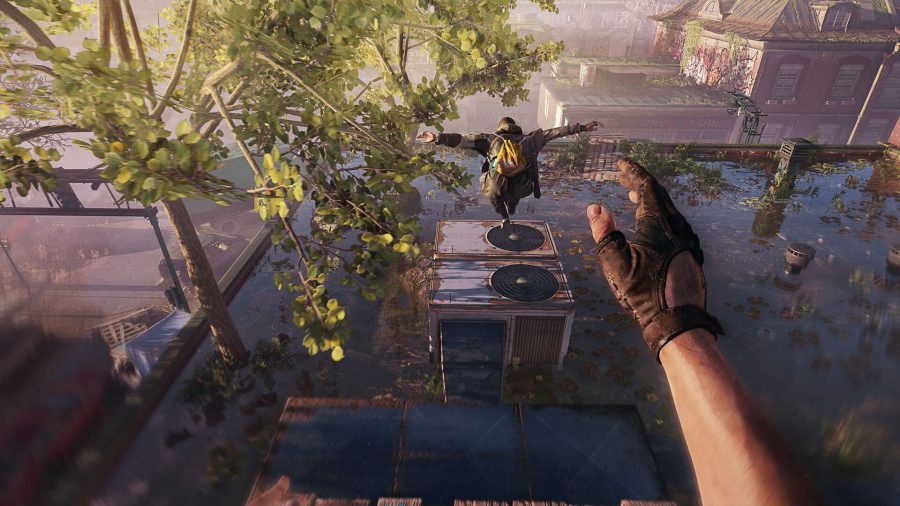 Dying Light 2 Best Skills: Aiden can be seen jumping down to a lower level with Hakon in front of him.