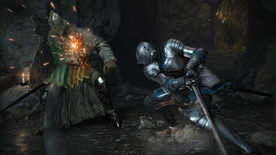 Elden Ring How To Beat Soldier of Godrick: The player can be seen attacking the Soldier of Godrick