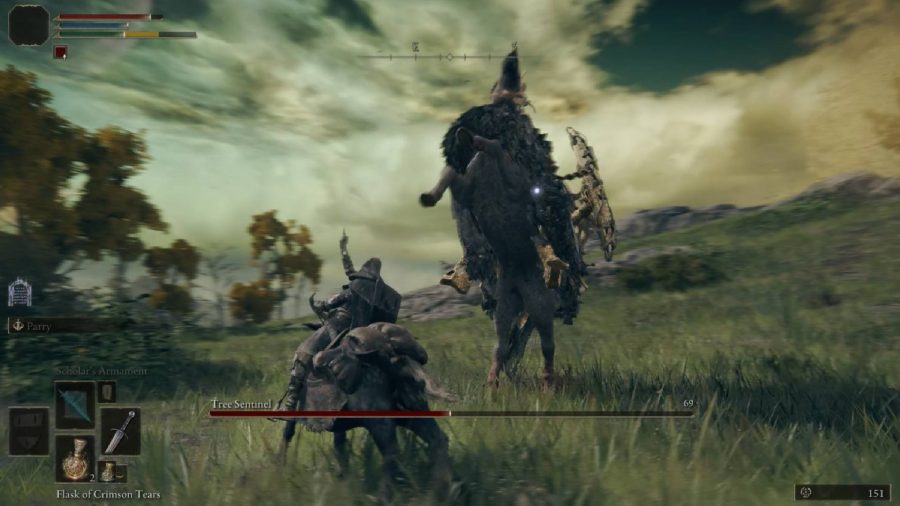 Elden Ring How To Beat Tree Sentinel: The player is riding under the horse.