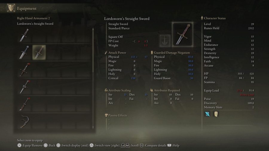 Elden Ring Best Starting Early Game Weapons: Lordsworn's Straight Sword can be seen in the menu