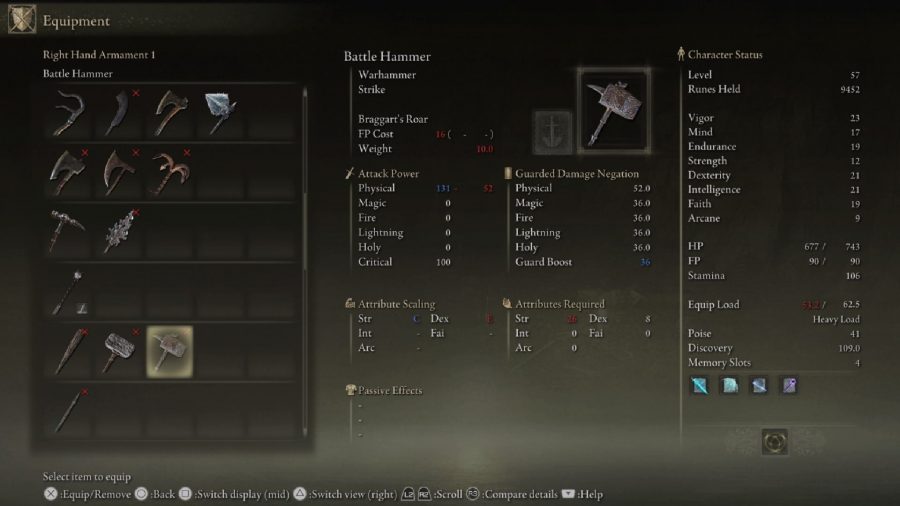 Elden Ring Best Starting Early Game Weapons: The Battle Hammer can be seen in the menu