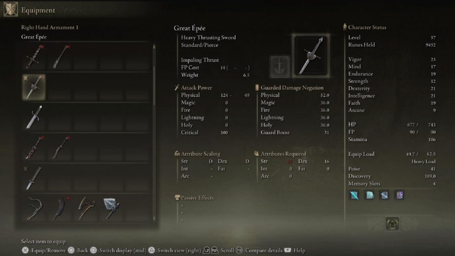 Elden Ring Best Starting Early Game Weapons: The Great Epee can be seen in the menu