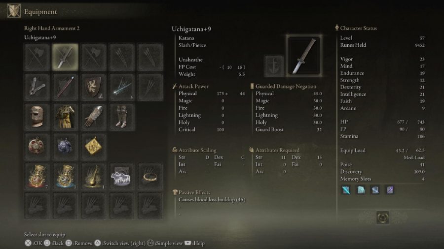 Elden Ring Best Starting Early Game Weapons: The Uchigatana can be seen in the menu