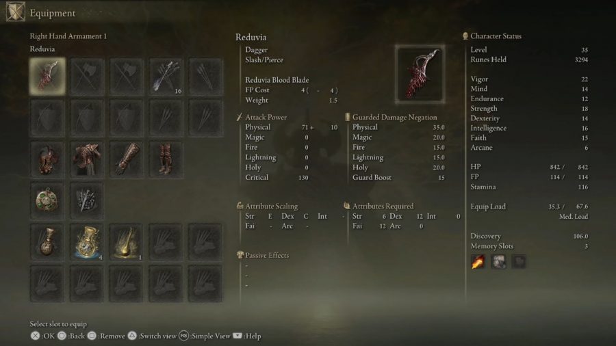 Elden Ring Best Weapons: The Reduvia weapon can be seen in the menu.