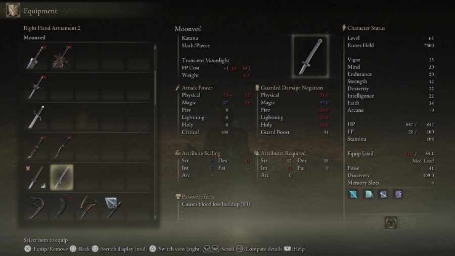 Elden Ring Best Weapons: The Moonveil can be seen in the menu.