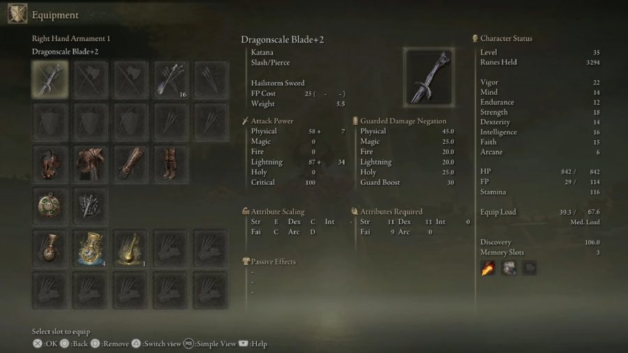 Elden Ring Best Weapons: The Dragonscale blade can be seen in the menu