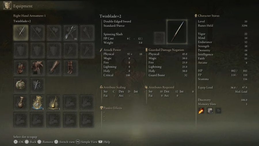 Elden Ring Best Weapons: The twinblade can be seen in the menu