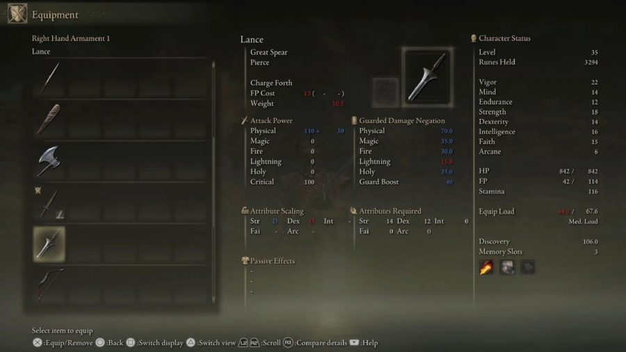 Elden Ring Best Weapons: The Lance can be seen in the menu