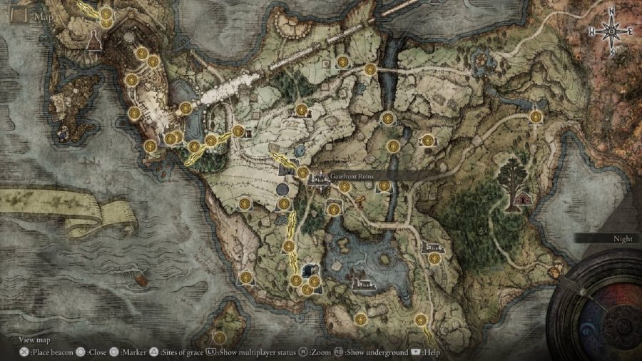 Elden Ring How To Equip Ashes Of War: The Gatefront Ruins are shown on the map