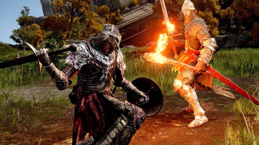 Elden Ring Equip Load: A man swinging a sword at someone holding a fire torch