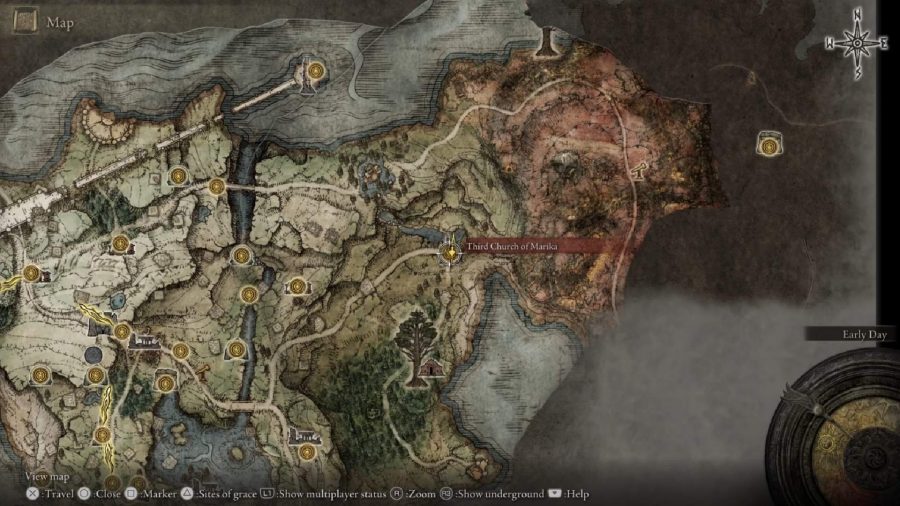 Elden Ring Flask Of Wondrous Physick Location: The map showcases the Third Church of Marika.