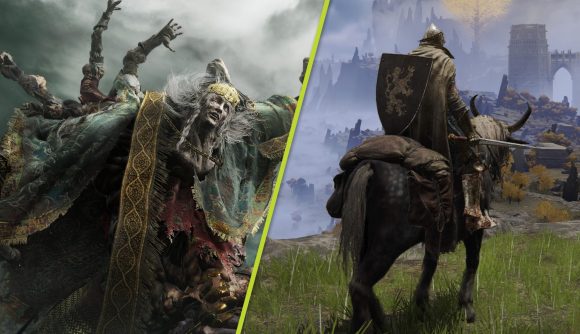 Elden Ring review scores: a split image showing a multi-limbed Elden Ring boss and your character riding on a horse