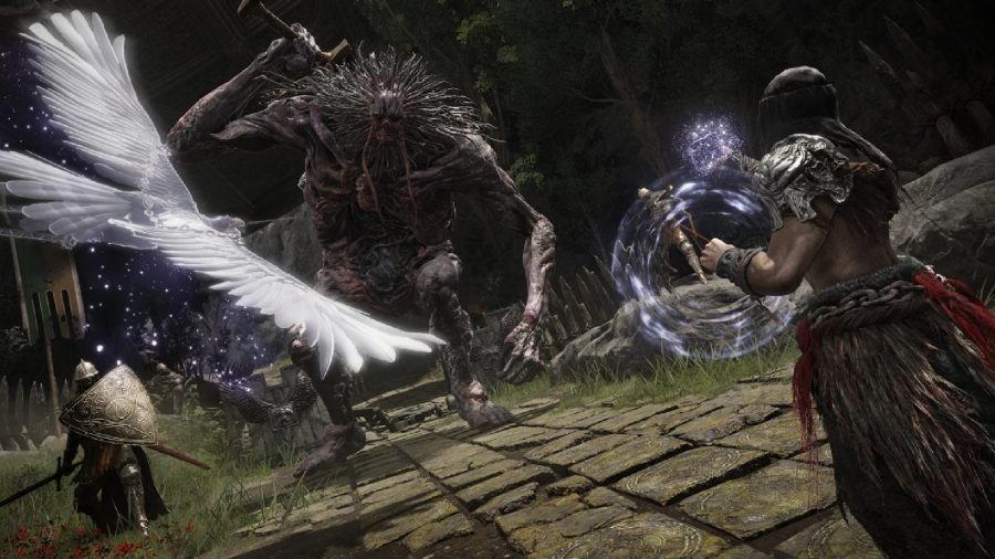 Elden Ring Regions: Stomhill's gates can be seen with a number of enemies fighting players