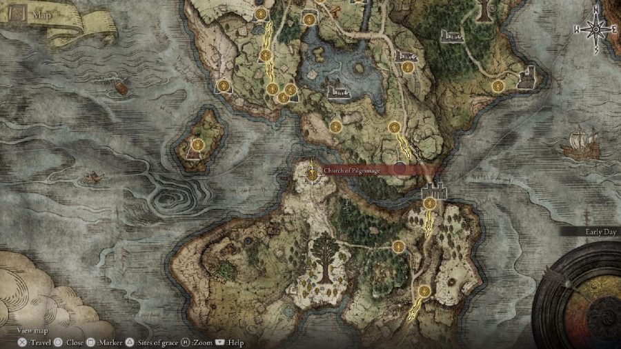 Elden Ring Sacred Tear locations: The map showcases the location of the Church of Pilgrimage