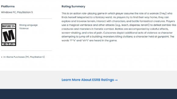 Forspoken Microtransactions: The ESRB rating can be seen.