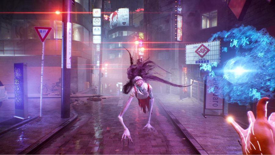 Ghostwire Tokyo Combat Open World: A ghost can be seen crawling on all fours towards Akito