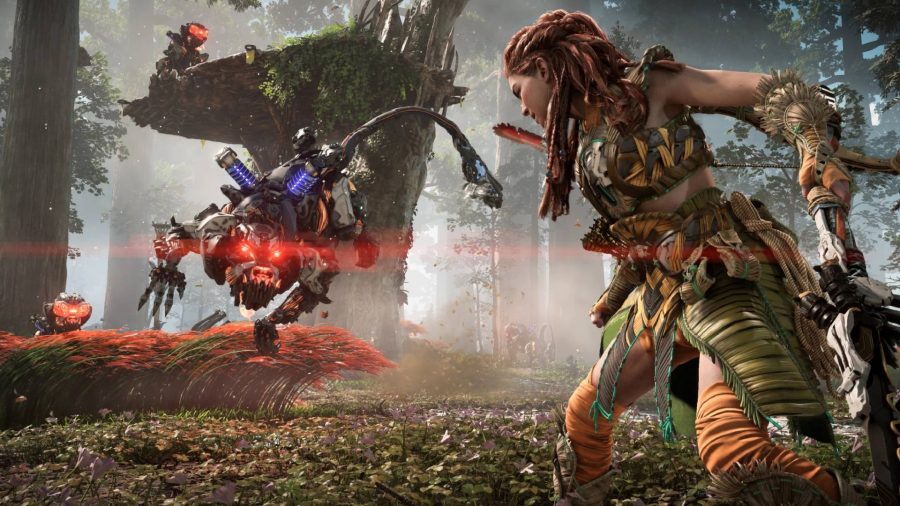 Horizon Forbidden West New machines: A Clamberjaw can be seen jumping at Aloy, with a number of them in the background as well.