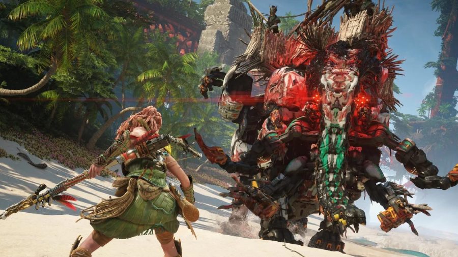 Horizon Forbidden West New machines: Aloy can be seen squaring up against a Tremortusk.