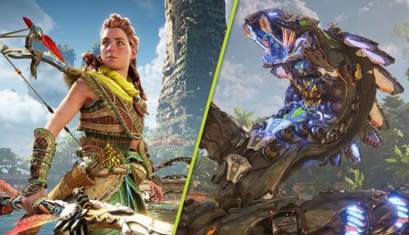 Horizon Forbidden West release time countdown: Aloy can be seen in one image, next to another image of a large snake-like machine.